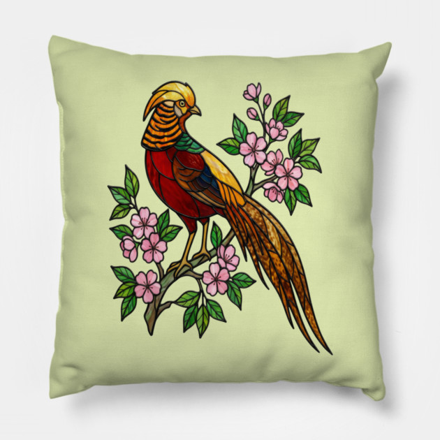 Golden Pheasant Stained Glass Floral Bird Art Pillow by BirdsnStuff