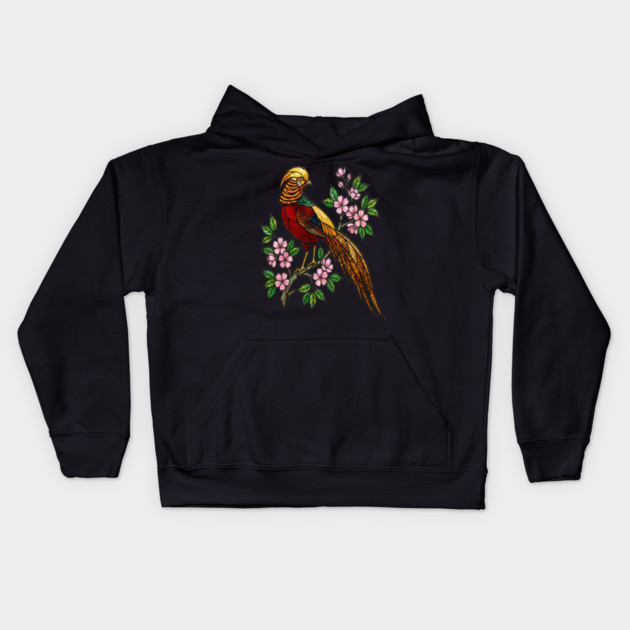Golden Pheasant Stained Glass Floral Bird Art Kids Hoodie by BirdsnStuff