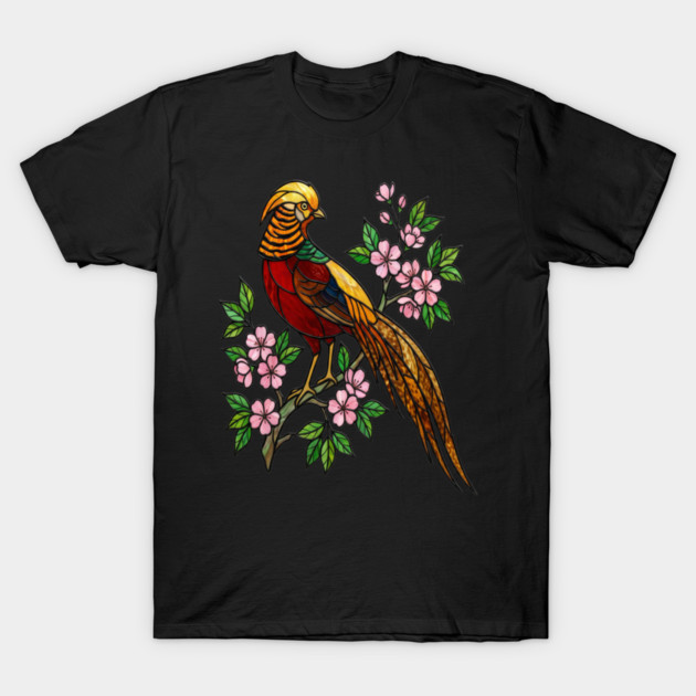 Golden Pheasant Stained Glass Floral Bird Art T-Shirt by BirdsnStuff