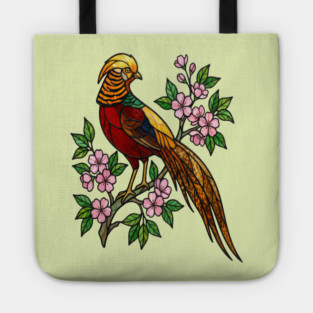 Golden Pheasant Stained Glass Floral Bird Art Tote