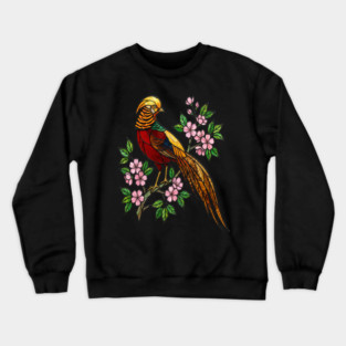 Golden Pheasant Stained Glass Floral Bird Art Crewneck Sweatshirt