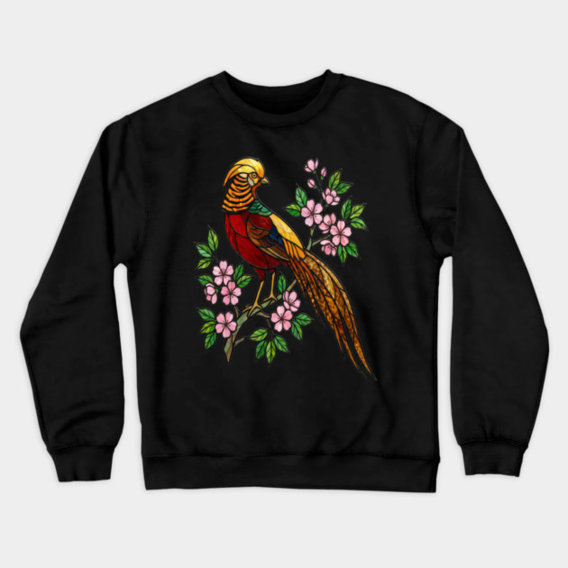 Golden Pheasant Stained Glass Floral Bird Art Crewneck Sweatshirt by BirdsnStuff