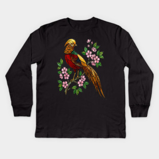 Golden Pheasant Stained Glass Floral Bird Art Kids Long Sleeve T-Shirt