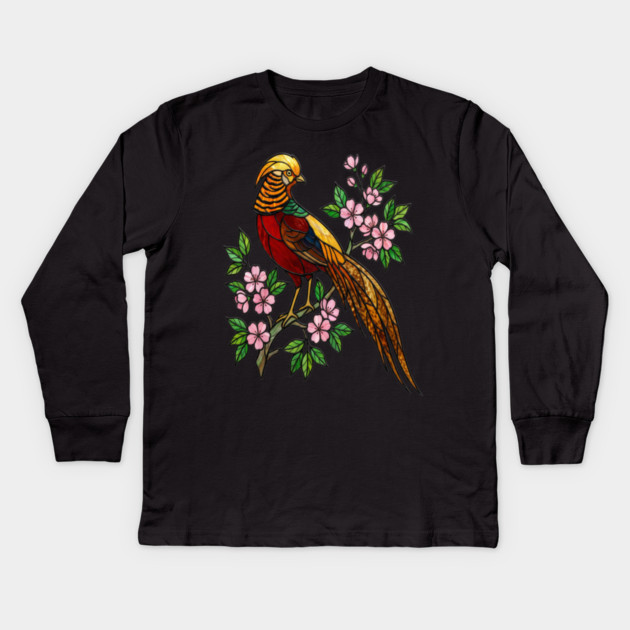 Golden Pheasant Stained Glass Floral Bird Art Kids Long Sleeve T-Shirt by BirdsnStuff