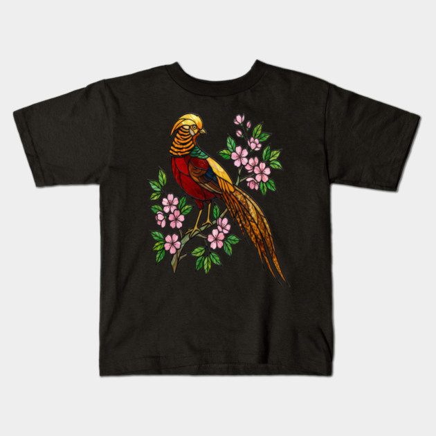 Golden Pheasant Stained Glass Floral Bird Art Kids T-Shirt by BirdsnStuff