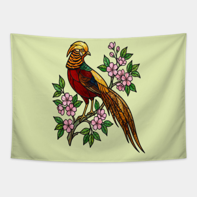 Golden Pheasant Stained Glass Floral Bird Art Tapestry by BirdsnStuff