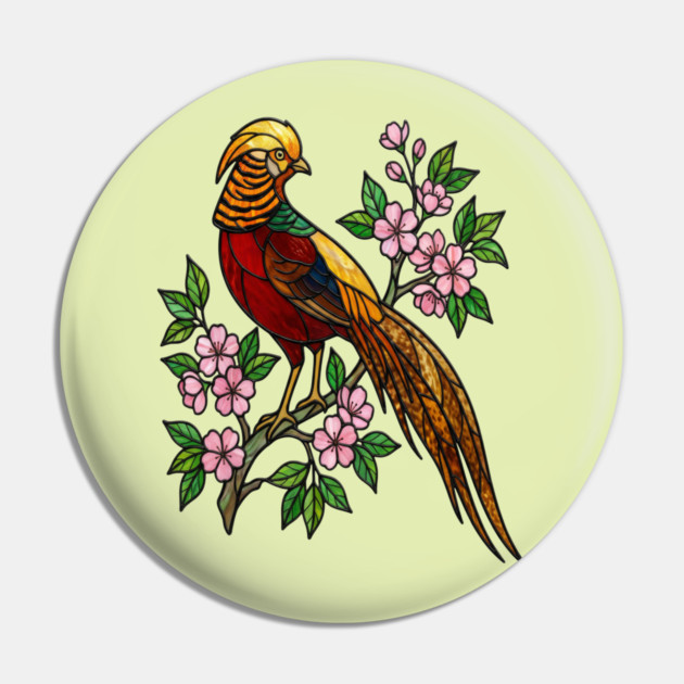 Golden Pheasant Stained Glass Floral Bird Art Pin by BirdsnStuff