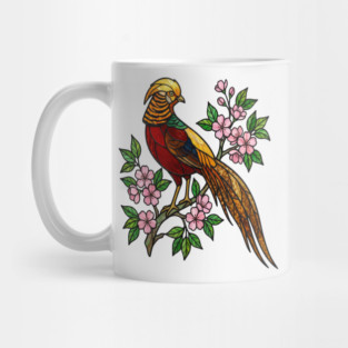 Golden Pheasant Stained Glass Floral Bird Art Mug
