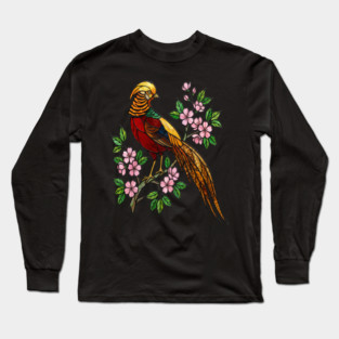 Golden Pheasant Stained Glass Floral Bird Art Long Sleeve T-Shirt