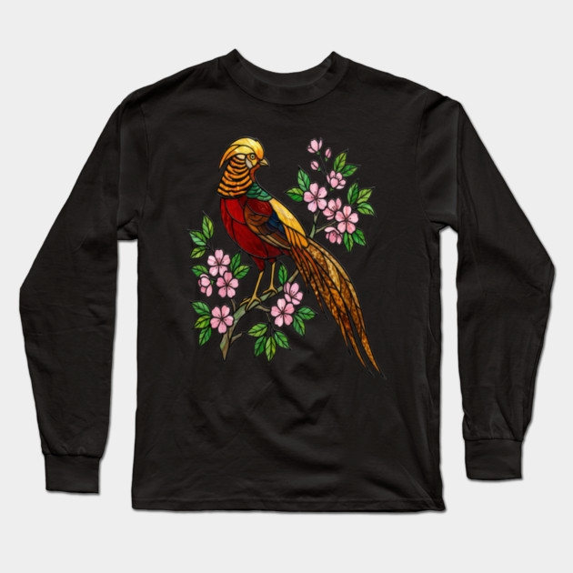 Golden Pheasant Stained Glass Floral Bird Art Long Sleeve T-Shirt by BirdsnStuff