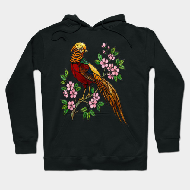 Golden Pheasant Stained Glass Floral Bird Art Hoodie by BirdsnStuff