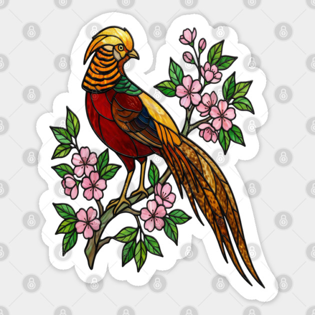 Golden Pheasant Stained Glass Floral Bird Art Sticker by BirdsnStuff
