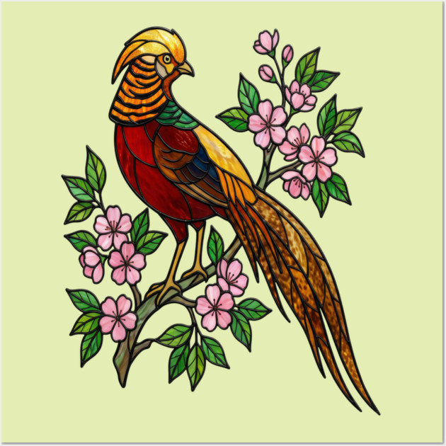 Golden Pheasant Stained Glass Floral Bird Art Wall Art by BirdsnStuff