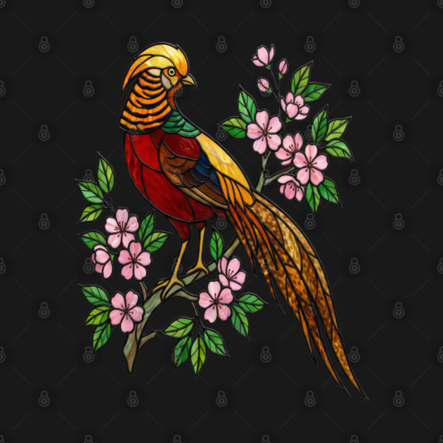 Golden Pheasant Stained Glass Floral Bird Art by BirdsnStuff