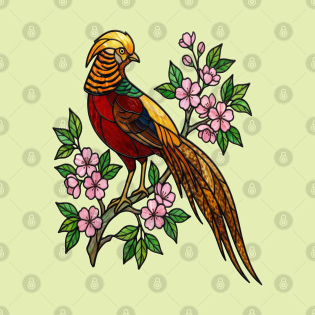 Golden Pheasant Stained Glass Floral Bird Art by BirdsnStuff