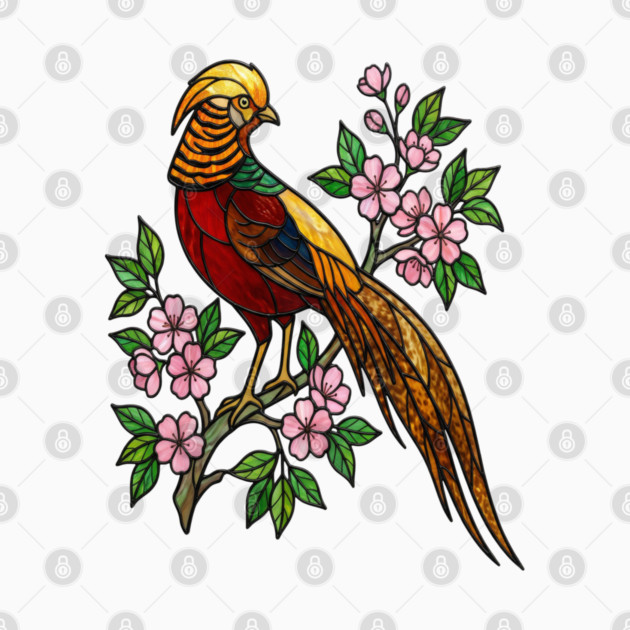 Golden Pheasant Stained Glass Floral Bird Art by BirdsnStuff
