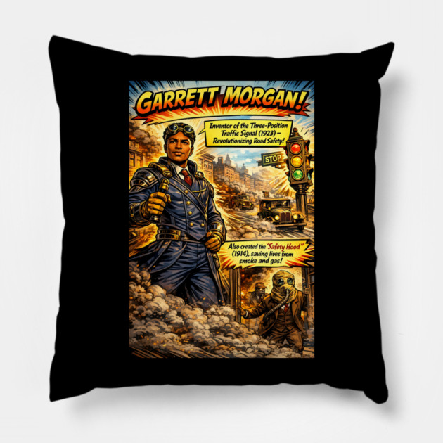 Garrett Morgan Inventor Comic Art – Traffic Signal & Safety Hood Pillow by UrbanLifeApparel