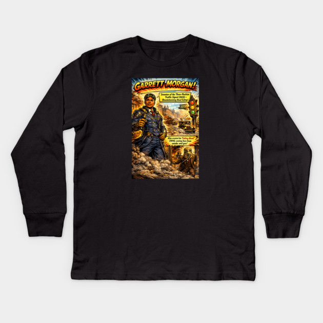 Garrett Morgan Inventor Comic Art – Traffic Signal & Safety Hood Kids Long Sleeve T-Shirt by UrbanLifeApparel