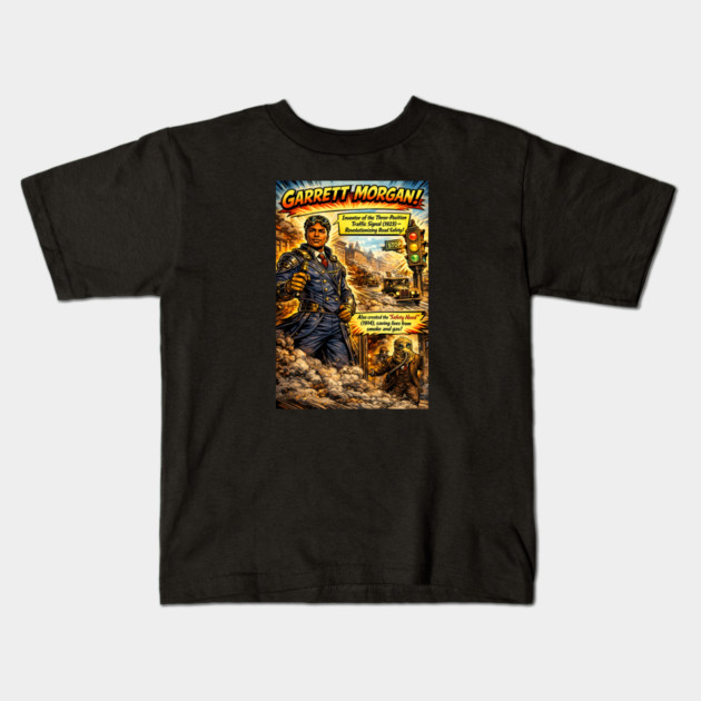 Garrett Morgan Inventor Comic Art – Traffic Signal & Safety Hood Kids T-Shirt by UrbanLifeApparel