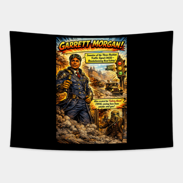 Garrett Morgan Inventor Comic Art – Traffic Signal & Safety Hood Tapestry by UrbanLifeApparel