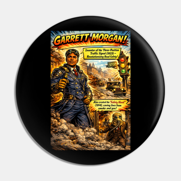 Garrett Morgan Inventor Comic Art – Traffic Signal & Safety Hood Pin by UrbanLifeApparel