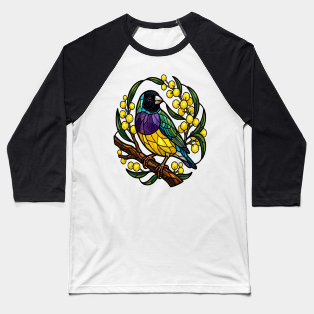 Gouldian Finch in Stained Glass Botanical Style Baseball T-Shirt by BirdsnStuff