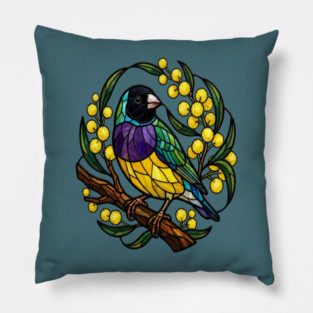 Gouldian Finch in Stained Glass Botanical Style Pillow