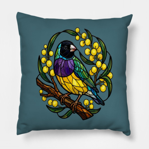 Gouldian Finch in Stained Glass Botanical Style Pillow by BirdsnStuff