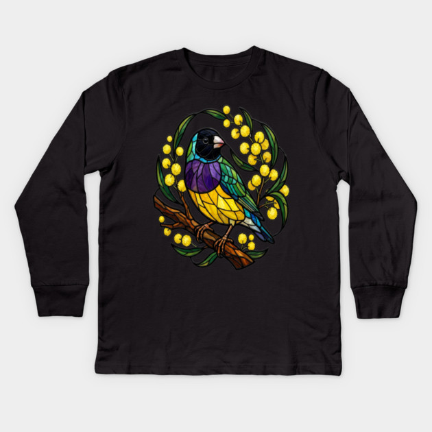 Gouldian Finch in Stained Glass Botanical Style Kids Long Sleeve T-Shirt by BirdsnStuff