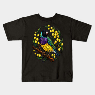 Gouldian Finch in Stained Glass Botanical Style Kids T-Shirt