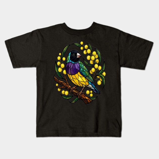 Gouldian Finch in Stained Glass Botanical Style Kids T-Shirt by BirdsnStuff