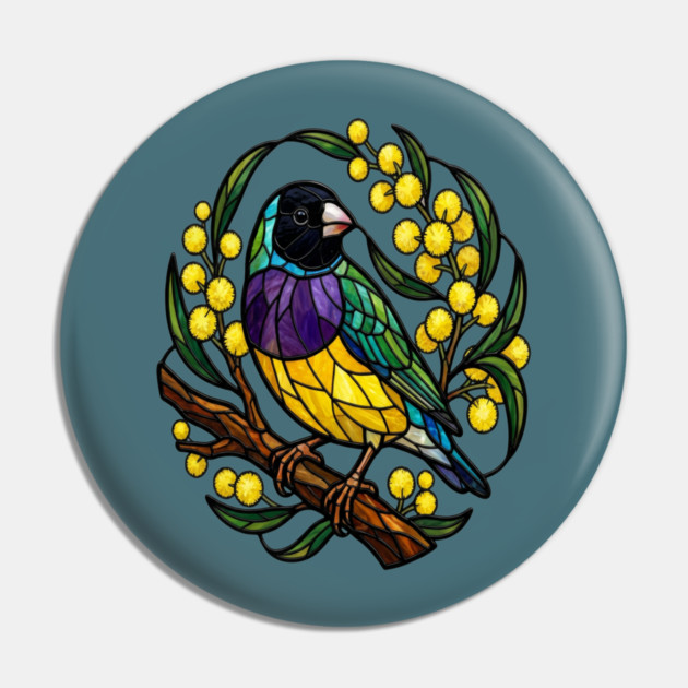 Gouldian Finch in Stained Glass Botanical Style Pin by BirdsnStuff