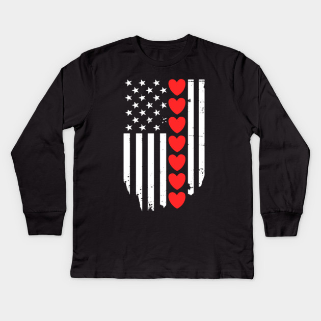 Valentines Day American Flag Kids Long Sleeve T-Shirt by Creatifly Graphic Tees