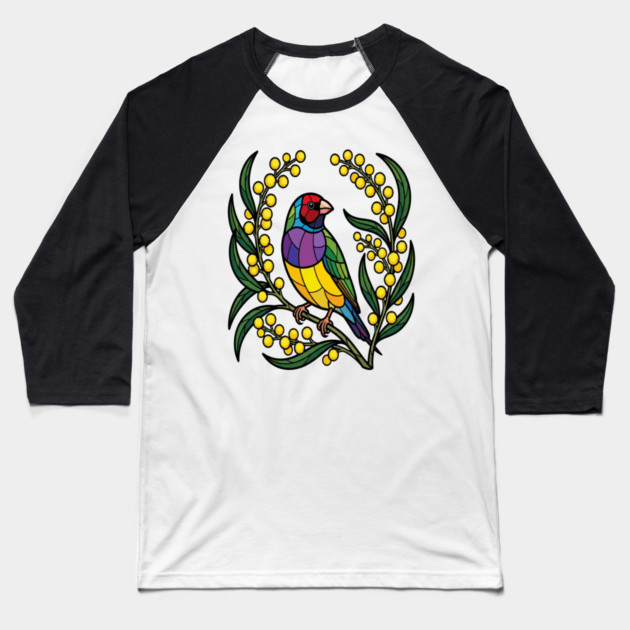 Gouldian Finch Stained Glass Botanical Bird Art Baseball T-Shirt by BirdsnStuff
