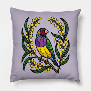 Gouldian Finch Stained Glass Botanical Bird Art Pillow