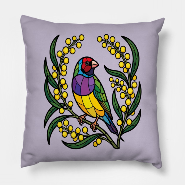 Gouldian Finch Stained Glass Botanical Bird Art Pillow by BirdsnStuff