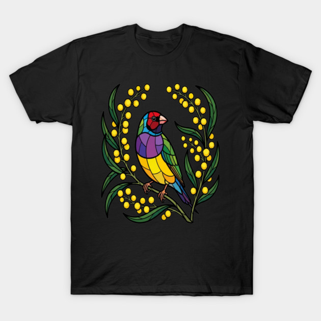Gouldian Finch Stained Glass Botanical Bird Art T-Shirt by BirdsnStuff