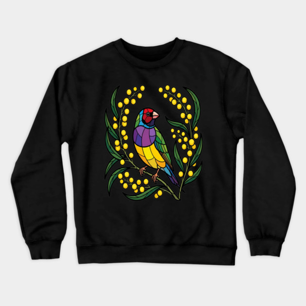 Gouldian Finch Stained Glass Botanical Bird Art Crewneck Sweatshirt by BirdsnStuff