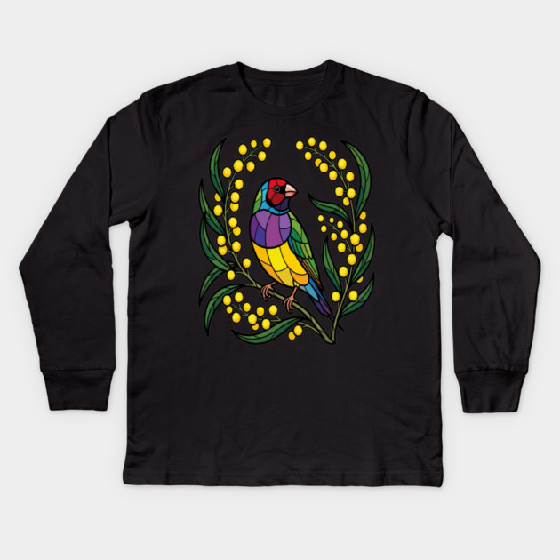 Gouldian Finch Stained Glass Botanical Bird Art Kids Long Sleeve T-Shirt by BirdsnStuff