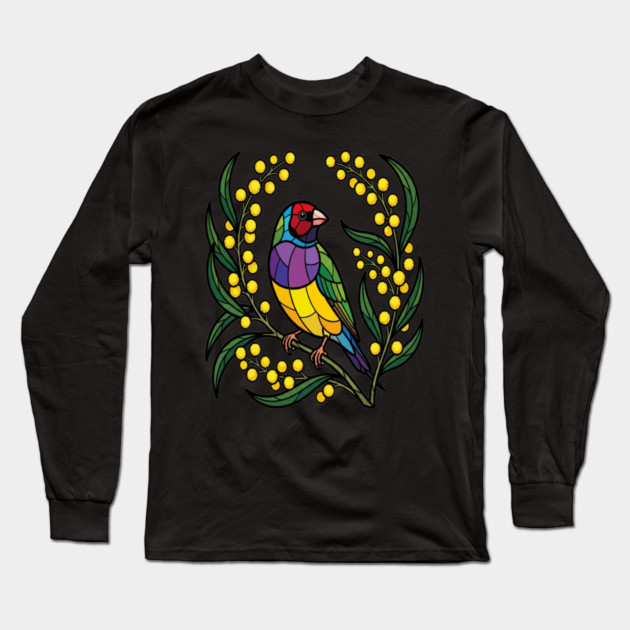 Gouldian Finch Stained Glass Botanical Bird Art Long Sleeve T-Shirt by BirdsnStuff