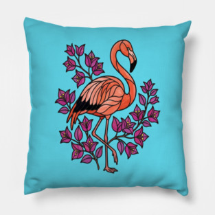Flamingo Botanical Wildlife Illustration Pillow