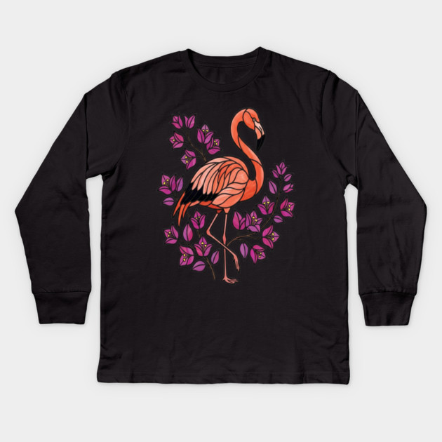 Flamingo Botanical Wildlife Illustration Kids Long Sleeve T-Shirt by BirdsnStuff