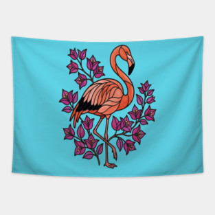 Flamingo Botanical Wildlife Illustration Tapestry