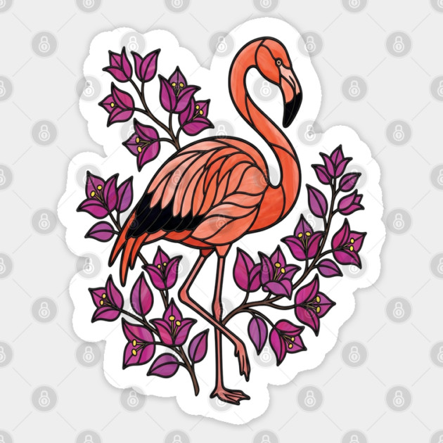 Flamingo Botanical Wildlife Illustration Sticker by BirdsnStuff