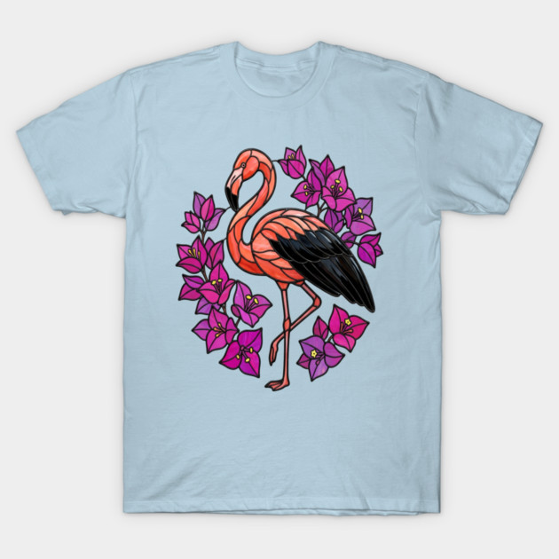 Stained Glass Flamingo with Pink Floral Art T-Shirt by BirdsnStuff