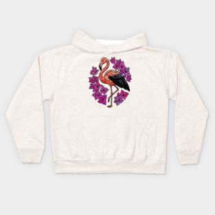 Stained Glass Flamingo with Pink Floral Art Kids Hoodie