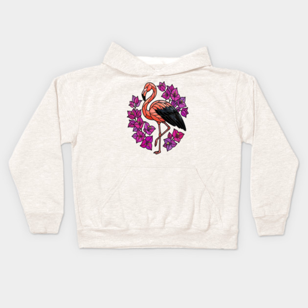 Stained Glass Flamingo with Pink Floral Art Kids Hoodie by BirdsnStuff