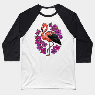 Stained Glass Flamingo with Pink Floral Art Baseball T-Shirt