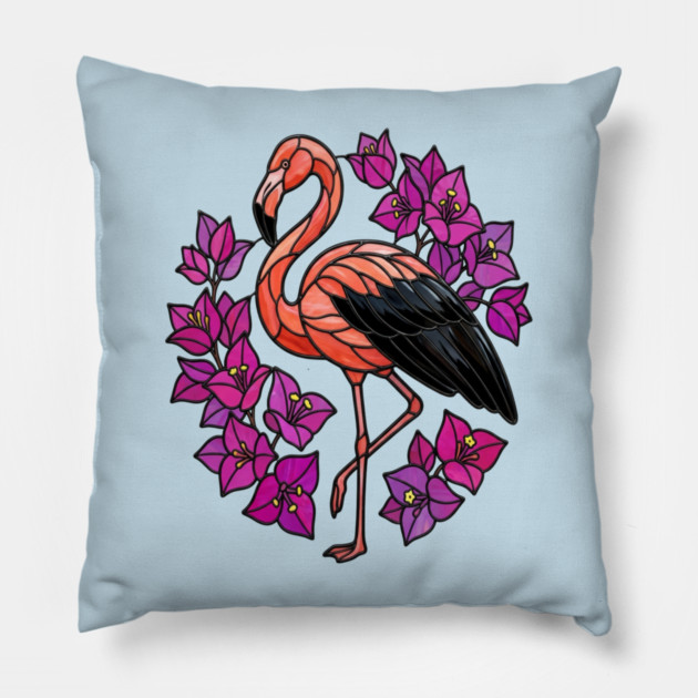 Stained Glass Flamingo with Pink Floral Art Pillow by BirdsnStuff