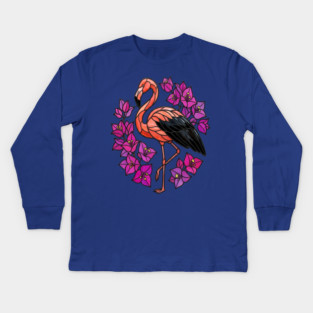 Stained Glass Flamingo with Pink Floral Art Kids Long Sleeve T-Shirt